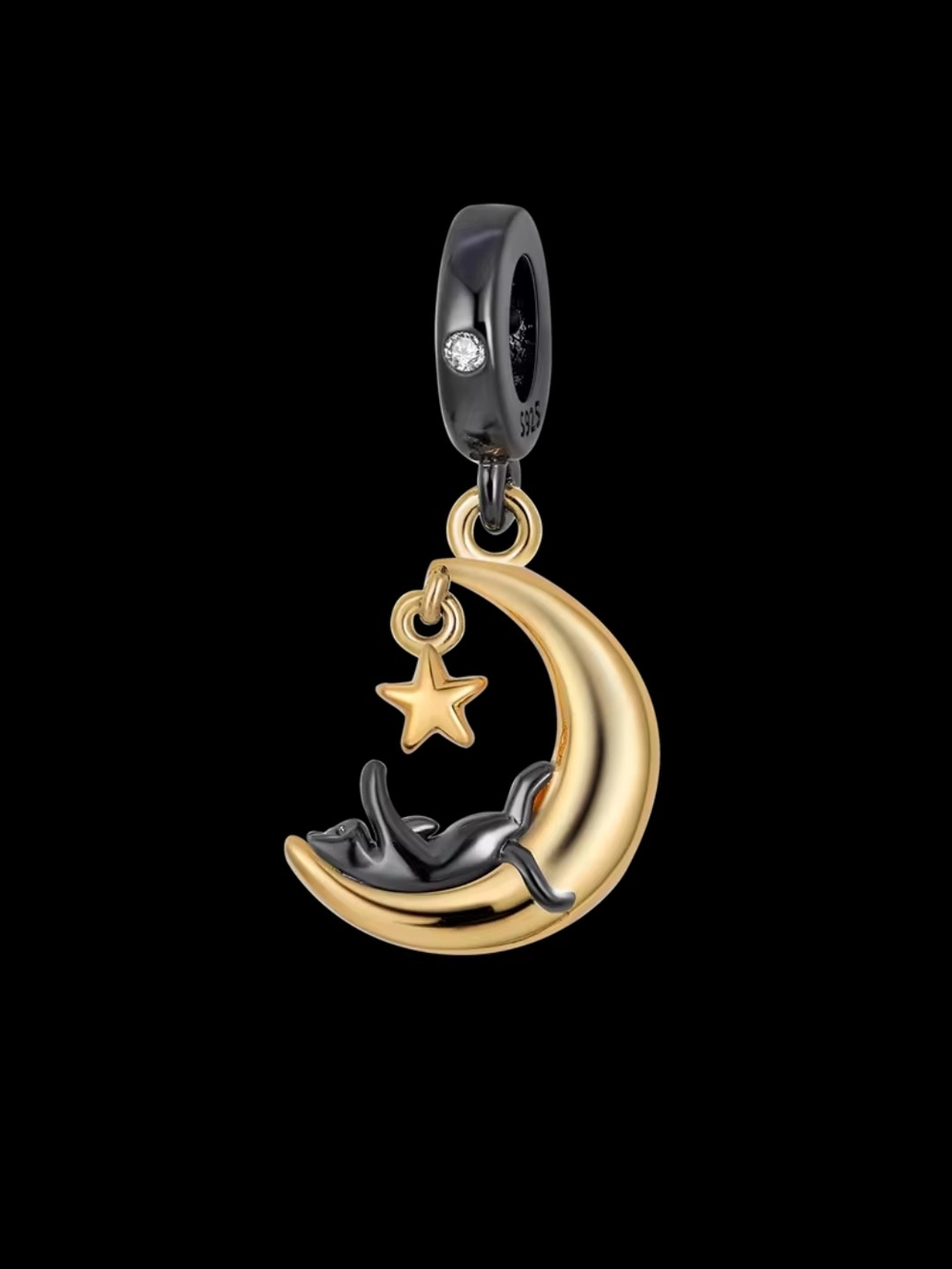 Moon & Cat Two-Tone Charm Sterling Silver  with Gold Moon